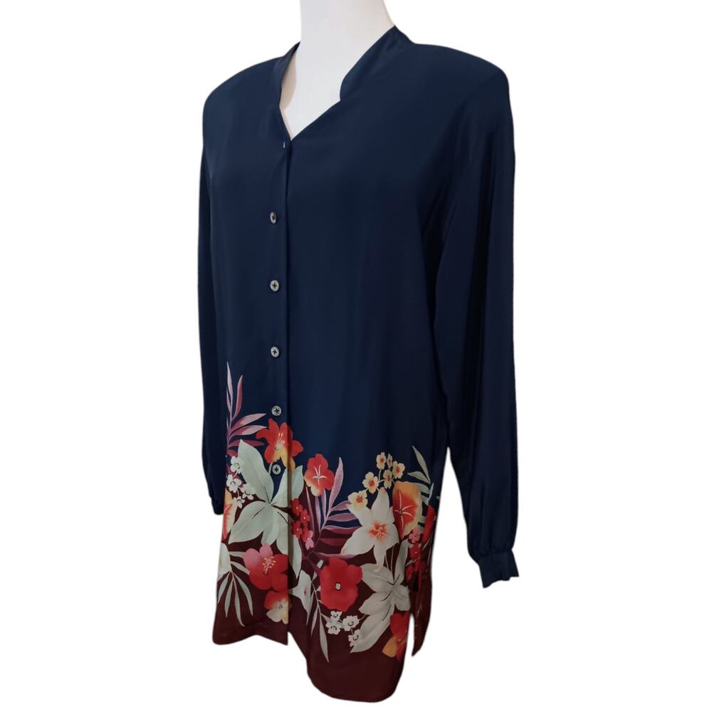 VINTAGE LIZ CLAIBORNE Loose Long Silk Tunic Blouse Dress Floral Oversized 4 - Picture 10 of 11